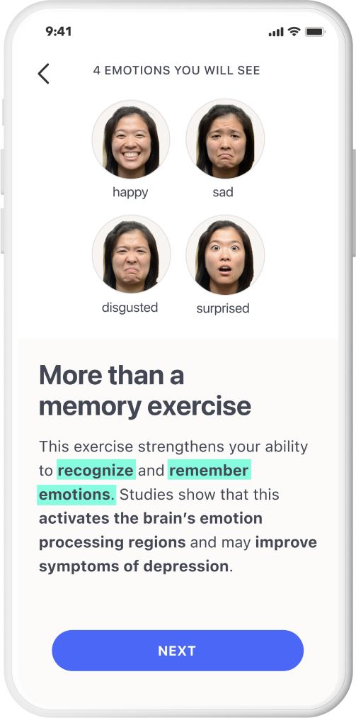 Sample screen of the Rejoyn app. The on-screen text displays the "4 emotions you'll see: happy, sad, disgusted, surprised." Text underneath describes how the brain exercises in Rejoyn are designed to work