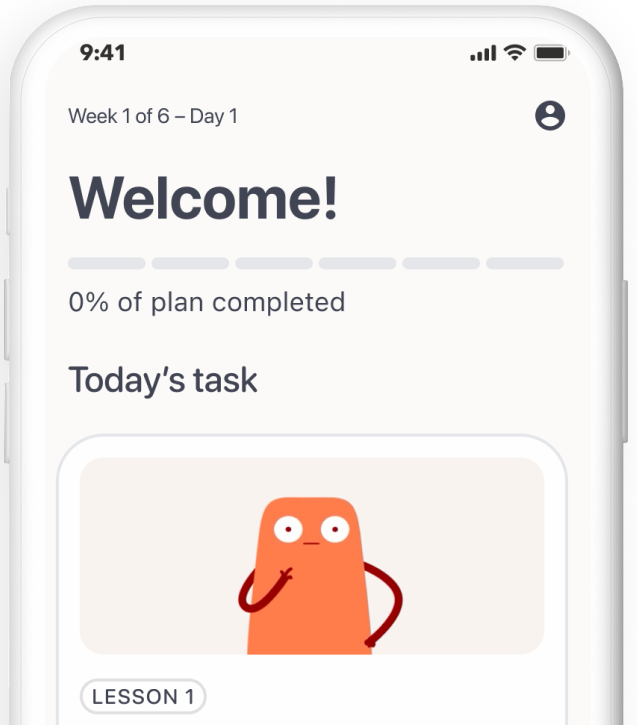 Sample screen of the Rejoyn app. The on-screen text displays "Welcome" and "Today's Task" with "Lesson 1" displayed under the orange Rejoyn character